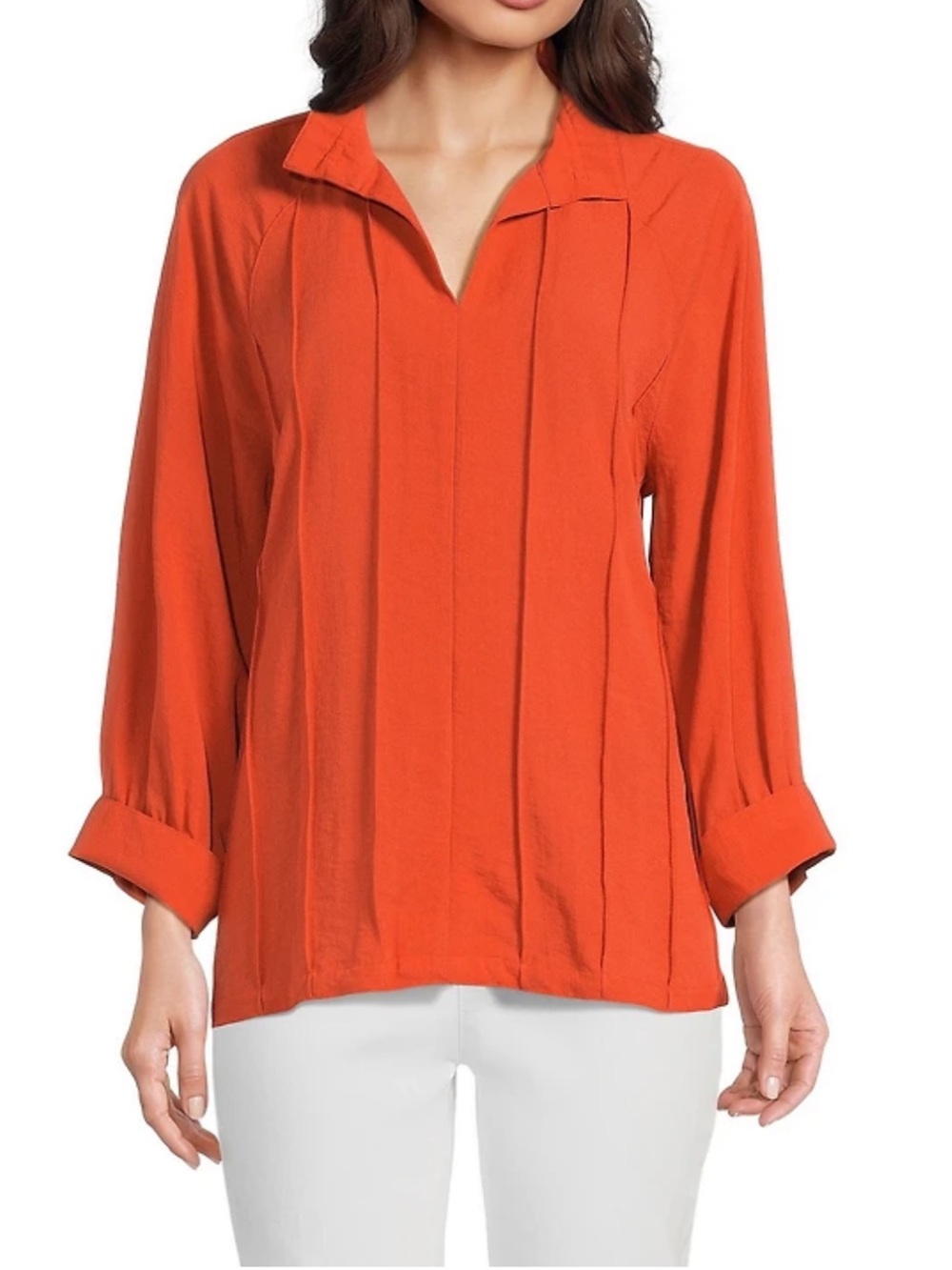 John Mark Orange Wire Collar Split V Neck 3/4 Sleeve Pintuck Detail Top Medium
